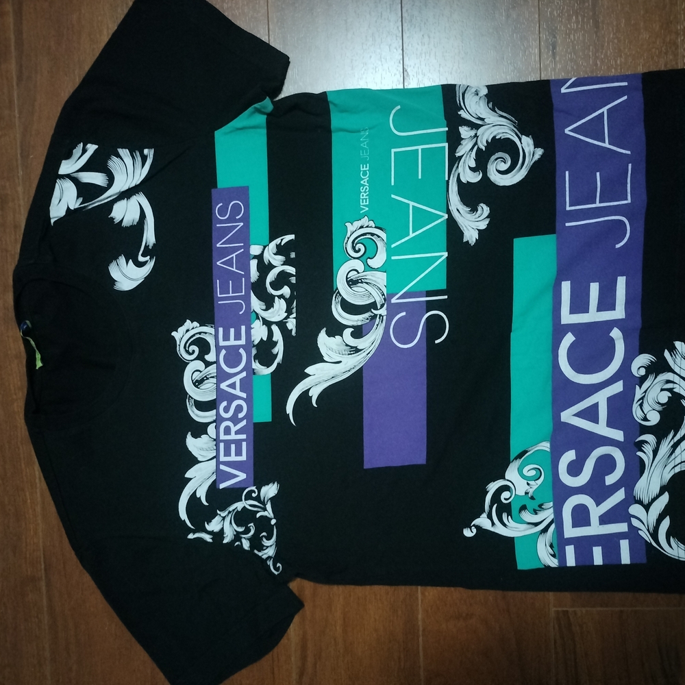 Versace Black Tee with White Floral Design
